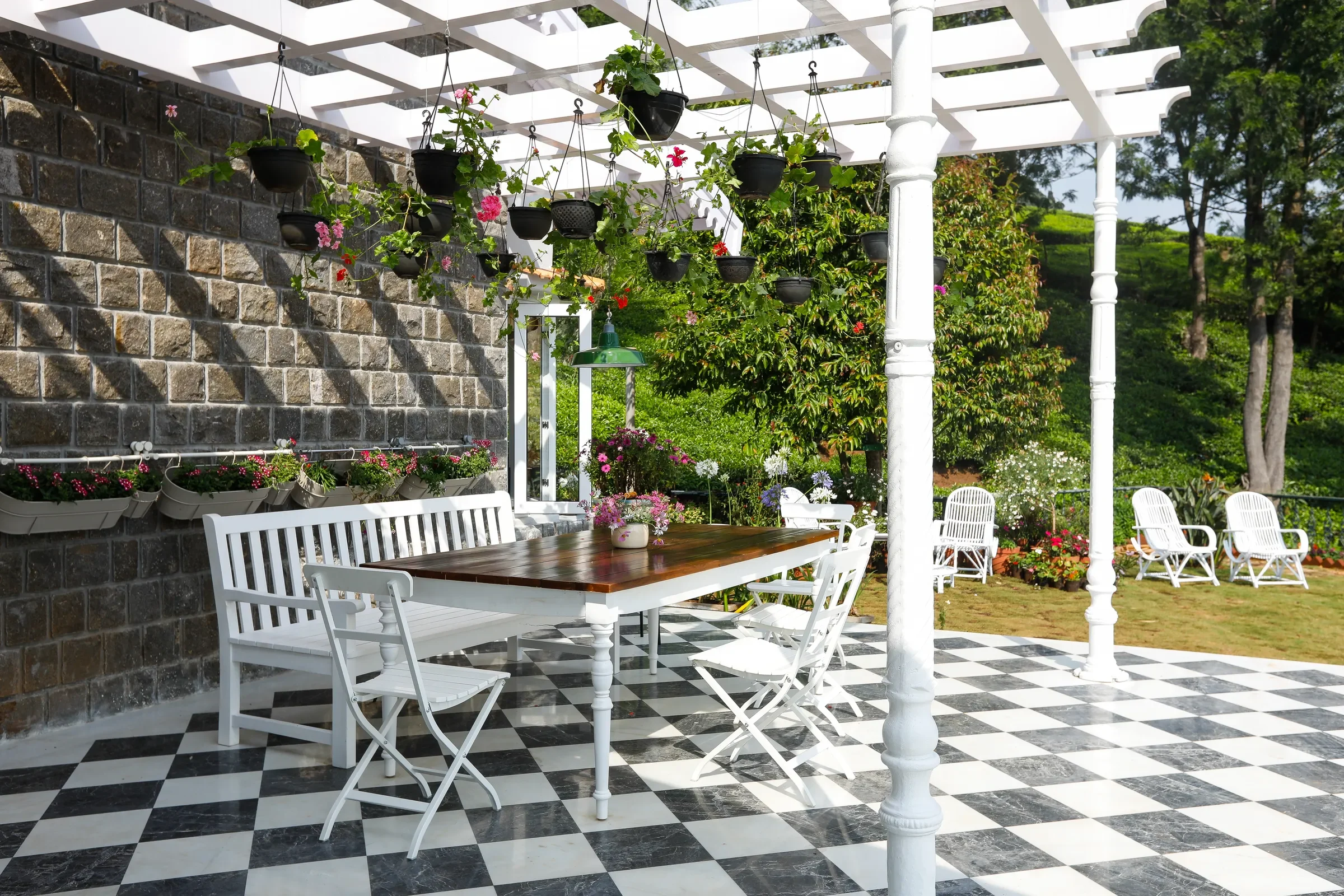 The checkerboard pergola laid for lunch