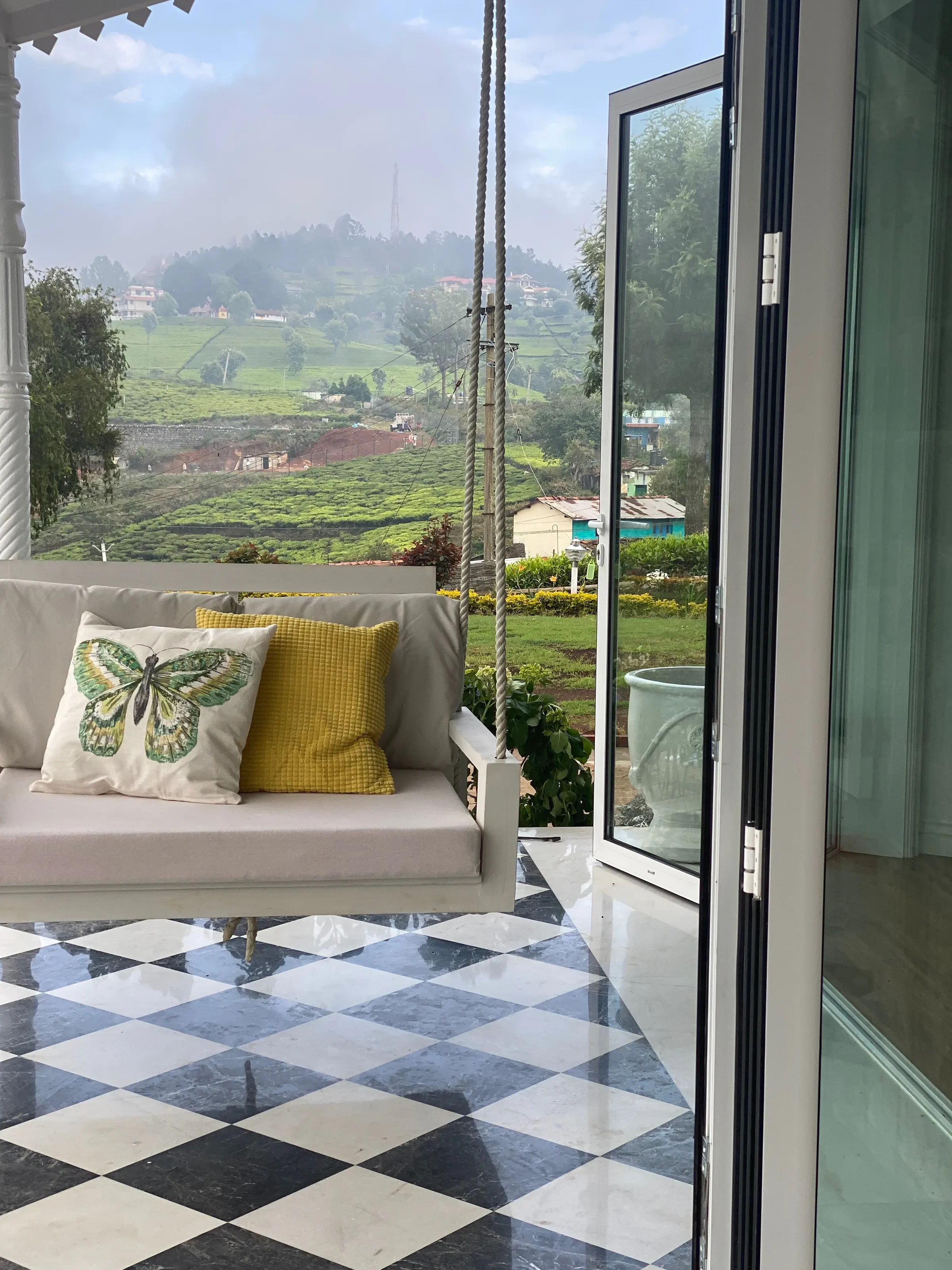 A window seat on the checkerboard landing, valley beyond