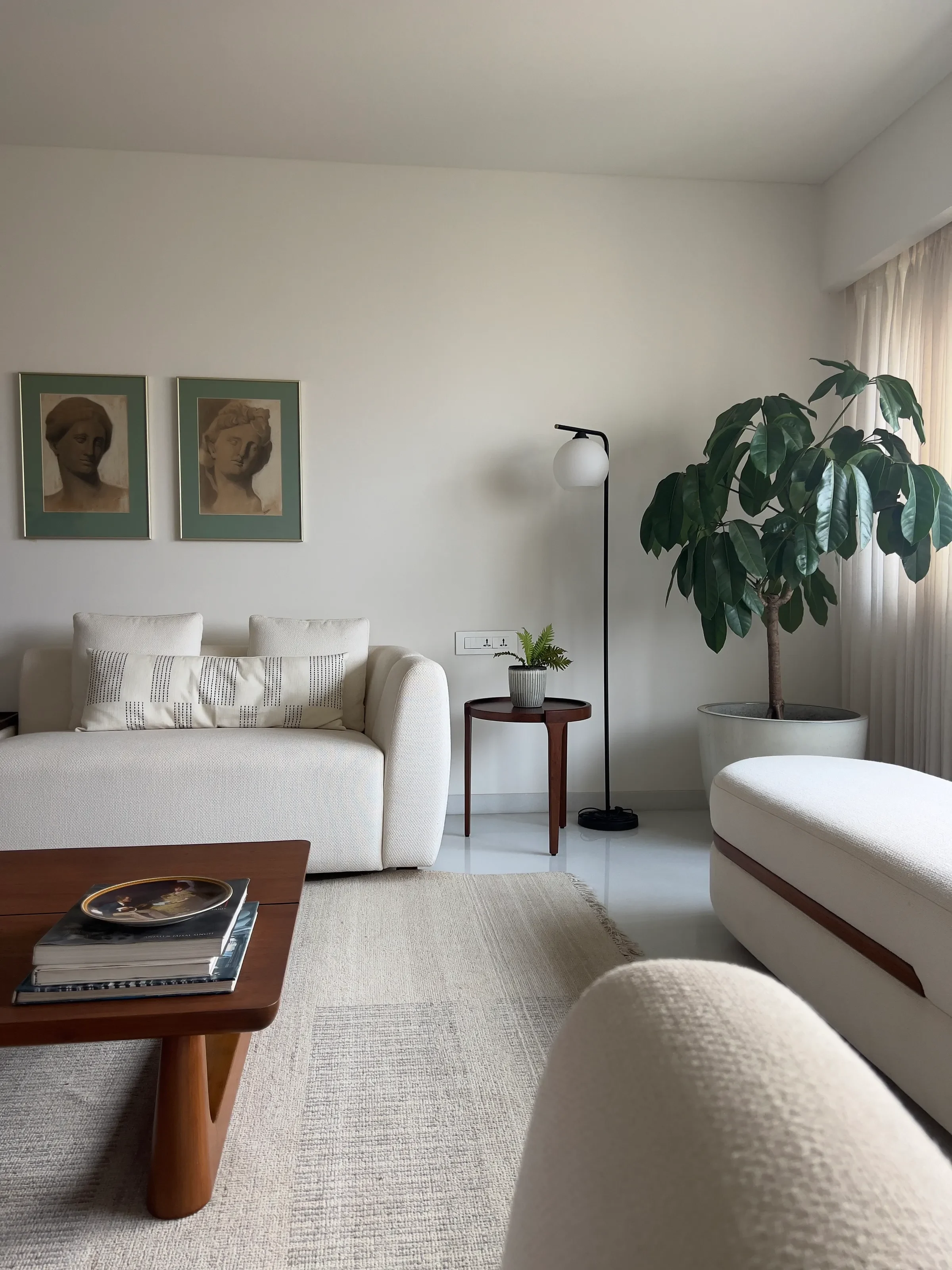 The striped sofa and its reading chair, from above