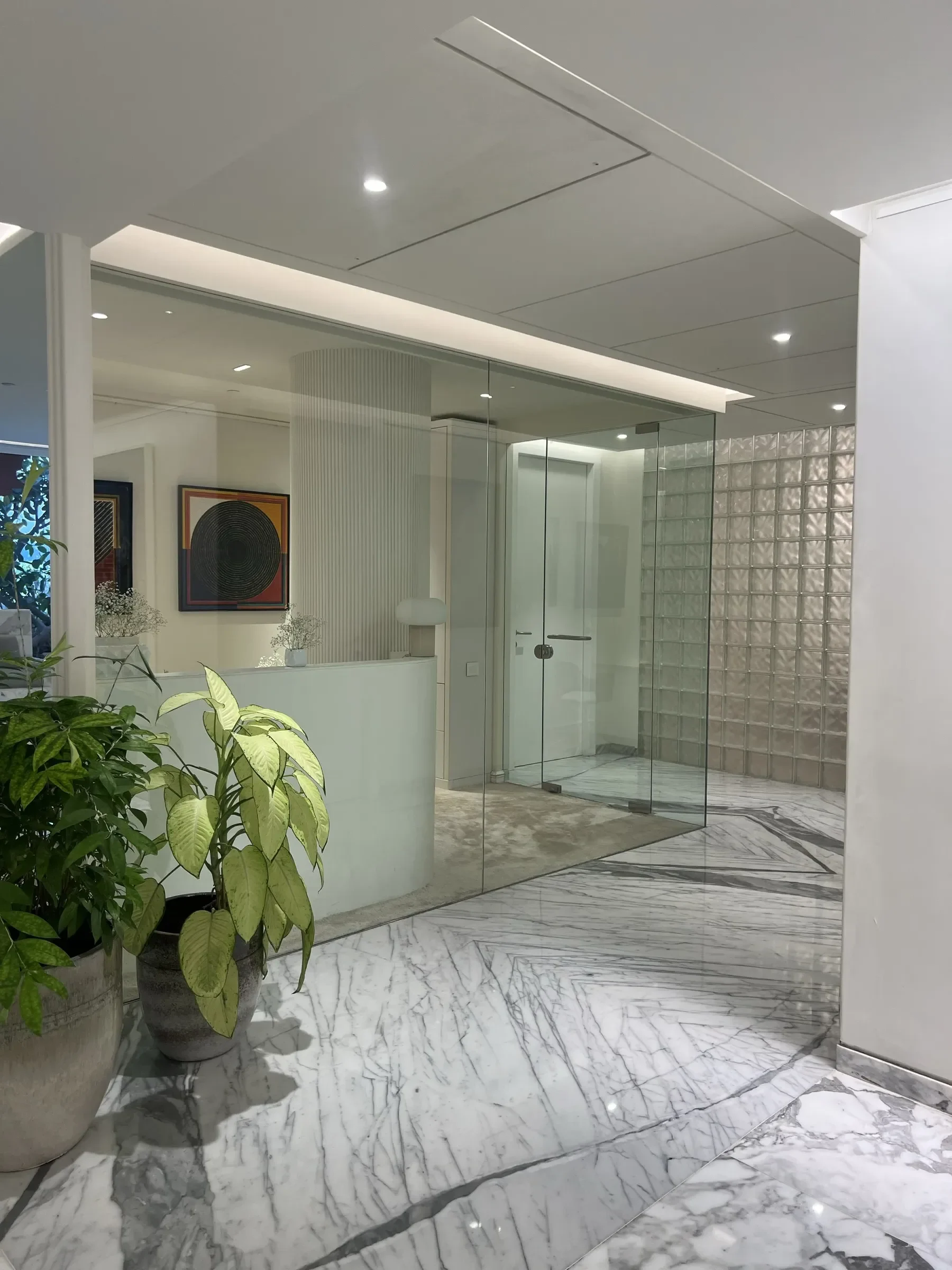 The glass-block entrance and reception at the RPG office