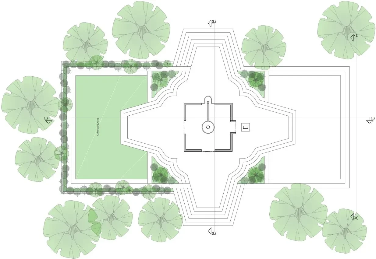Floor plan of the Shiva Temple showing the amphitheatre and mandapa