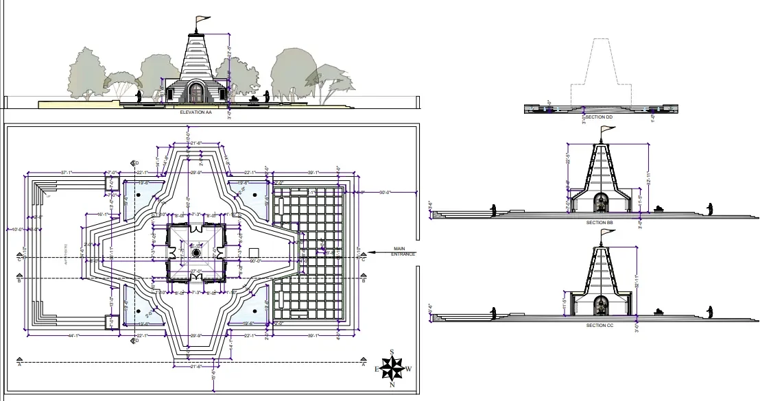 Technical drawings and sections of the Shiva Temple