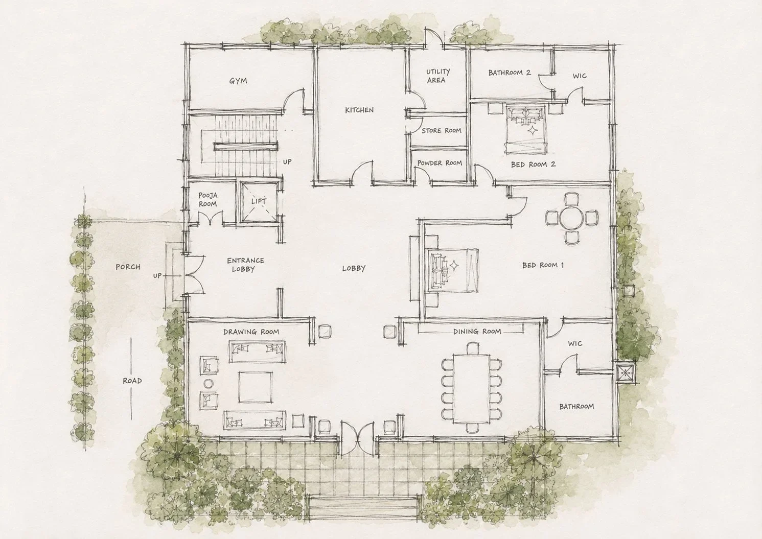 A hand-drawn watercolour site plan: house, garden, spa and hammock under the trees