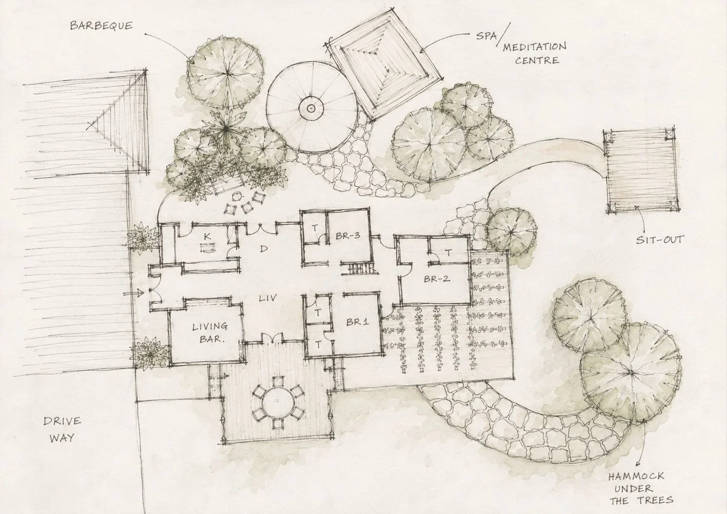 A hand-drawn watercolour floor plan of a residence, room by room